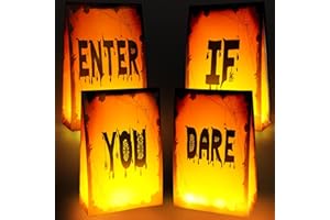 Grinsvalley 4 Pcs 38 x 25 x 10 cm Extra Large Halloween Luminary Bags Enter If You Dare Plastic Luminaries Bag Not Include LED Lights Reusable Halloween Scary Party Decorations for Outdoor Yard Lawn