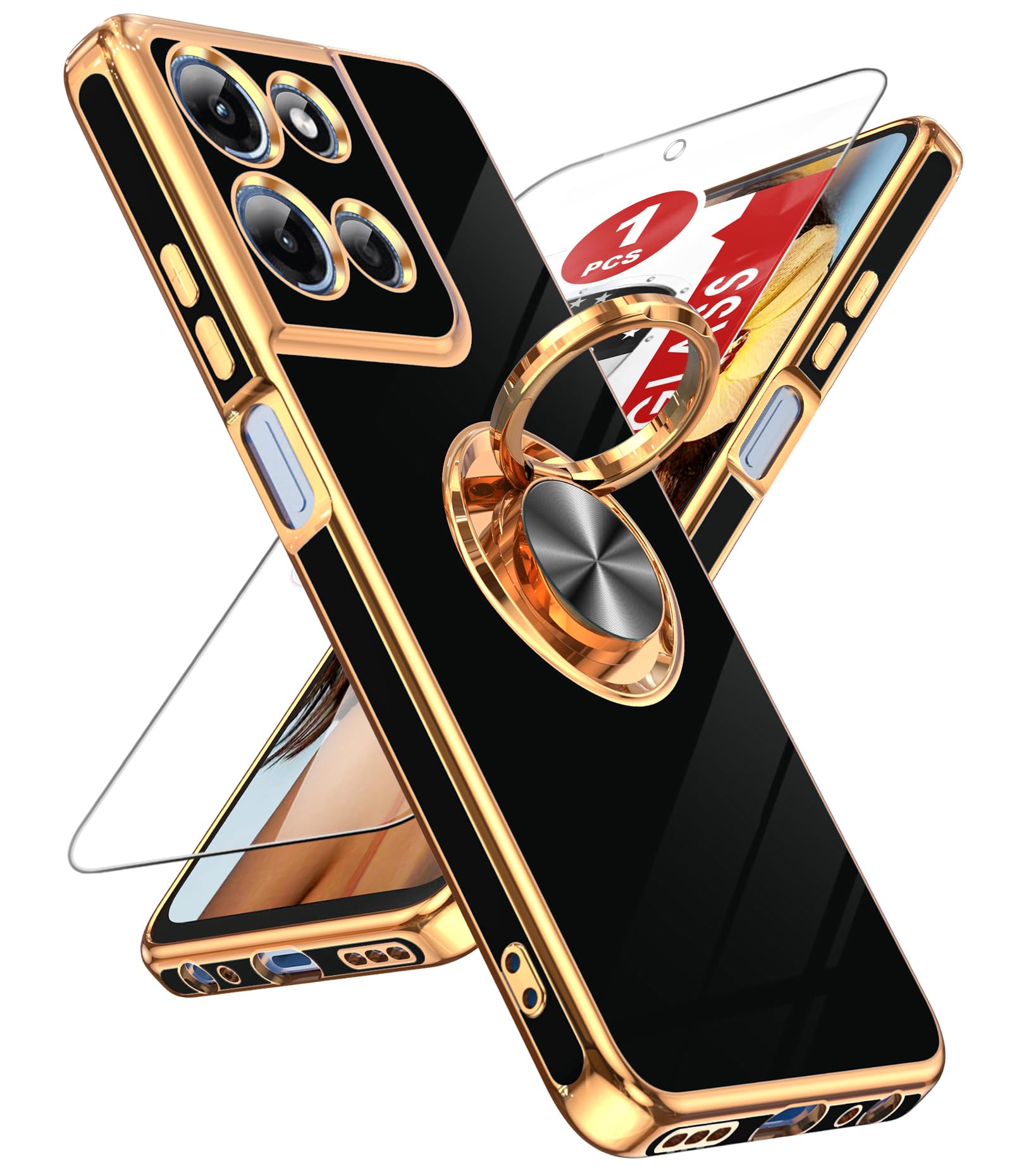 LeYi for Moto-G-5G-2025 Case: 【𝐍𝐨𝐭 𝐅𝐢𝐭 𝐆 𝐏𝐨𝐰𝐞𝐫 𝟐𝟎𝟐𝟓】 1 Pack Tempered Glass Screen Protector and 360° Rotatable Ring Holder Magnetic Kickstand, Plating Rose Gold Edge Case, Black