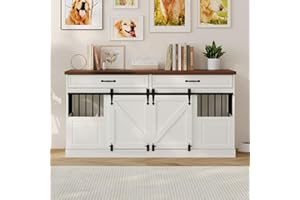 FACEKET Large Dog Crate Furniture - Wooden Indoor Dog Kennel Furniture for 2 Dogs with Sliding Barn Door and Removable Divider, Heavy Duty Dog Crate Table, ​63" L x 23.6" W x 31.5" H, White