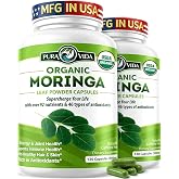 PURA VIDA MORINGA Organic Moringa Capsules Single Origin Moringa Powder Organic. Pure Moringa Leaf. Energy, Metabolism, &amp; Immune Support. 120ct. 500mg Caps (Pack of 2)