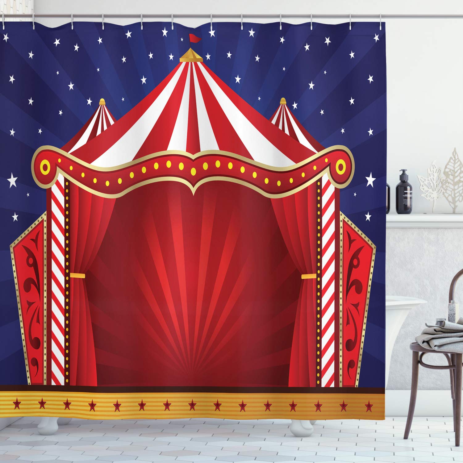 ABAKUHAUS Circus Shower Curtain, Canvas Tent Circus Stage Performing Theater Jokes Clown Cheerful Night Theme, Cloth Fabric Bathroom Decor Set with Hooks, 78 Inches, Blue Vermilion