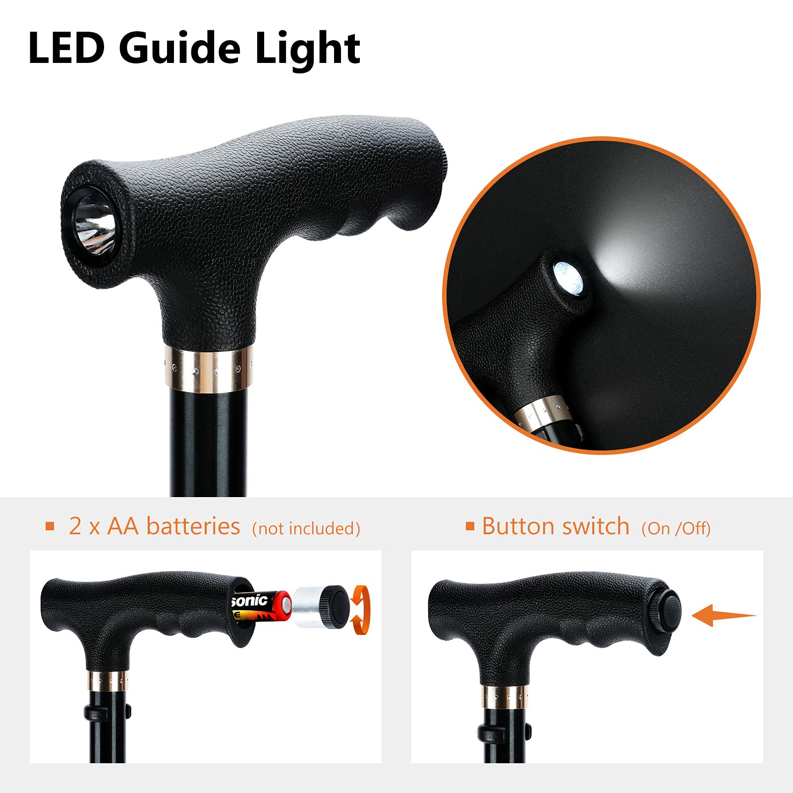 Folding Walking Cane with LED Light for Women & Men - Foldable, Adjustable, Collapsible Lightweight Aluminum Walking Stick for Seniors & Adults