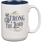 Christian Art Gifts Large Ceramic Coffee & Tea Mug for Men & Women: Strong in the Lord Bible Verse, White & Blue, 14 oz.
