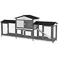 PawHut 90.5" Wooden Rabbit Hutch Bunny Cage Pet Playpen House Enclosure with Double Side Run Boxes, No Leak Tray, Ramp, for Guinea Pig and Small Animals, Light Gray