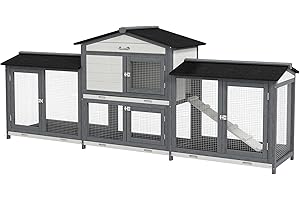 PawHut 90.5" Wooden Rabbit Hutch Bunny Cage Pet Playpen House Enclosure with Double Side Run Boxes, No Leak Tray, Ramp, for Guinea Pig and Small Animals, Light Gray