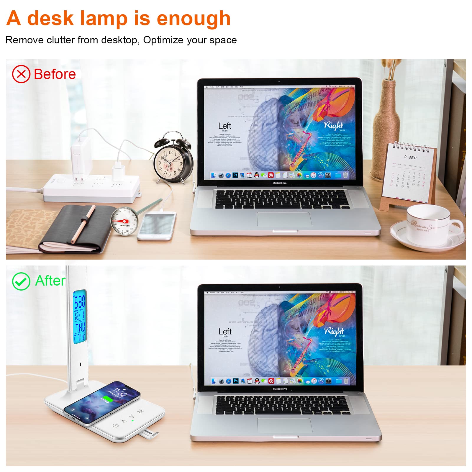 Desk Lamp with Wireless Charger, USB Charging Port, Dimmable Office Desk Light with Clock, Alarm, Date, Temperature, Foldable Lamp for Table Bedroom Bedside Office (White)