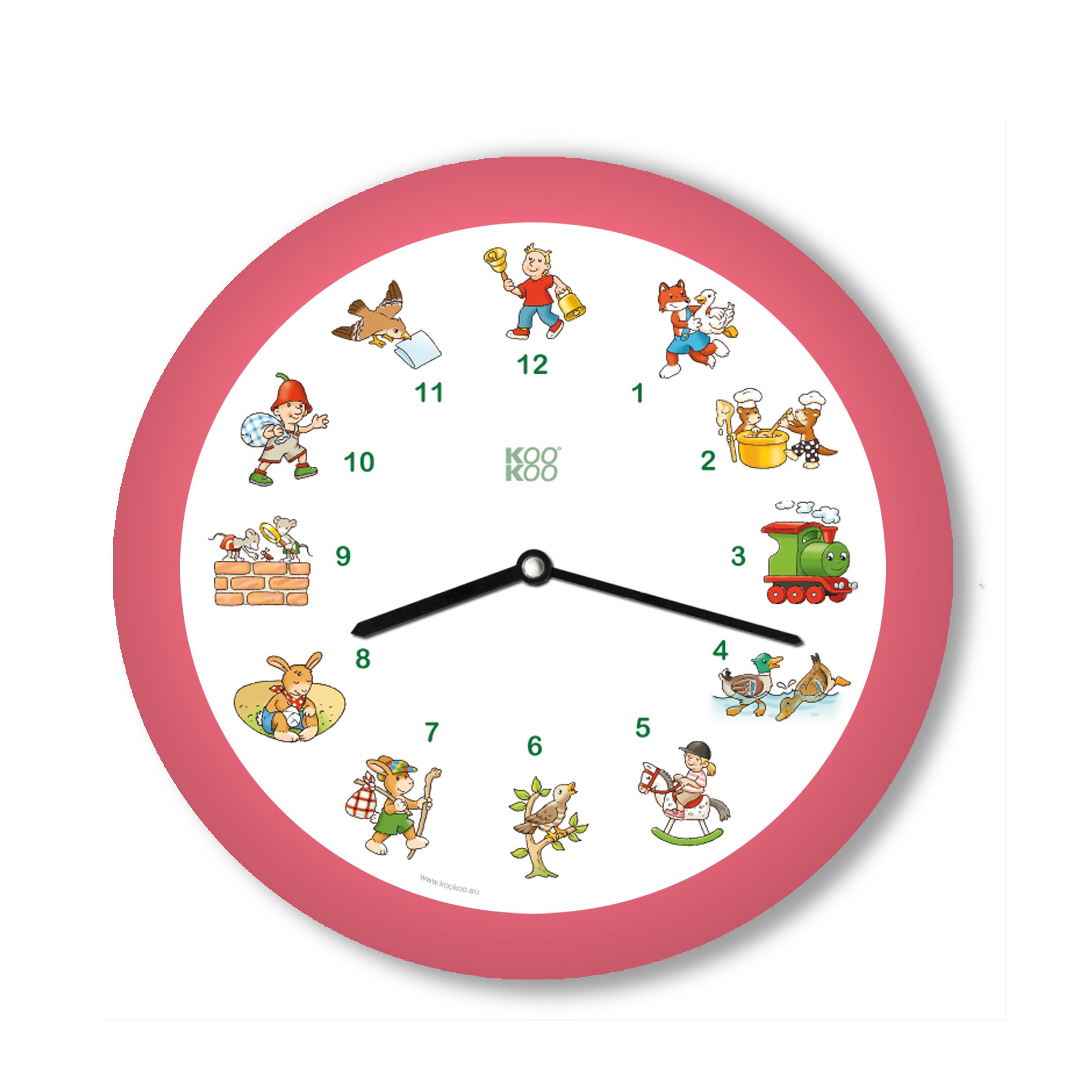 KOOKOO KinderLieder Pink, small wall clock, every hour sounds one of 12 well-known children's songs on zither and alto flute