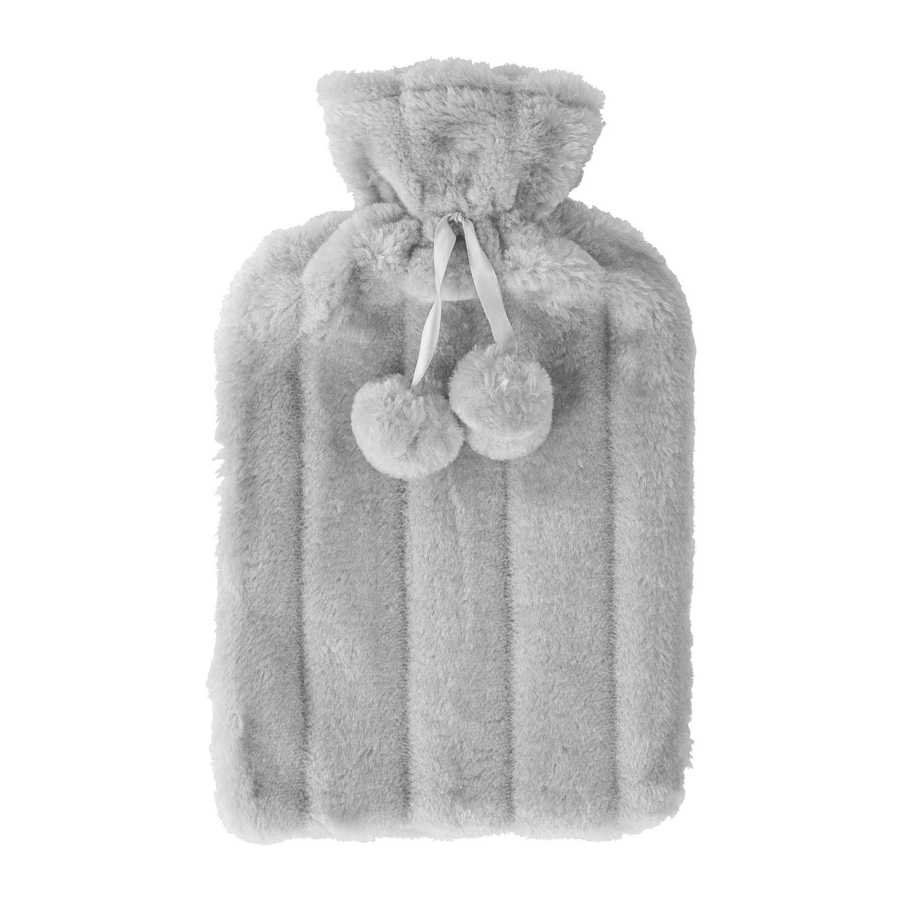 Nicola Spring Grey Hot Water Bottle Faux-Fur Cover With Pom Pom - Cosy Plush Sleeve - Fits Standard 2L Bottles - COVER ONLY