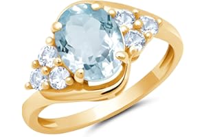 MAX + STONE Gemstone Oval Sunburst Halo Ring for Women in 10k White or Yellow Gold with Created White Sapphire and Birthstone Anniversary Ring Size 5 to 9