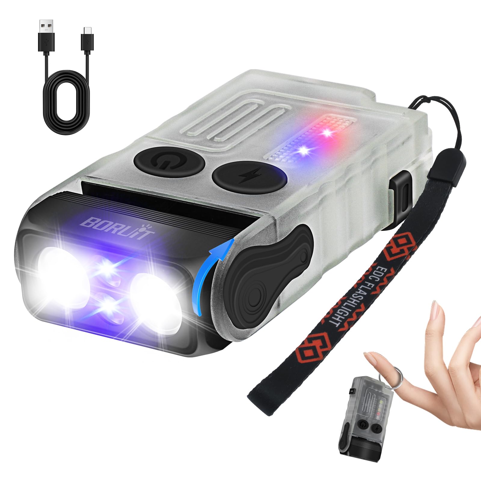 BORUIT V20 Small Powerful EDC Torch 1000LM USB C Rechargeable 365nm UV Keychain Torch 180°Head Swivels, Two-Way Clip, Magnet, with Multi-Color COB Light-13 Mode(White UV Edition)