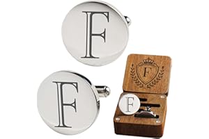SEEMDANTEN Mens Classic Initial Cuff links A-Z Alphabet 26 Letters Stainless Steel Silver CuffLinks with Engraved Walnut Wood Gift Box Business Wedding Set