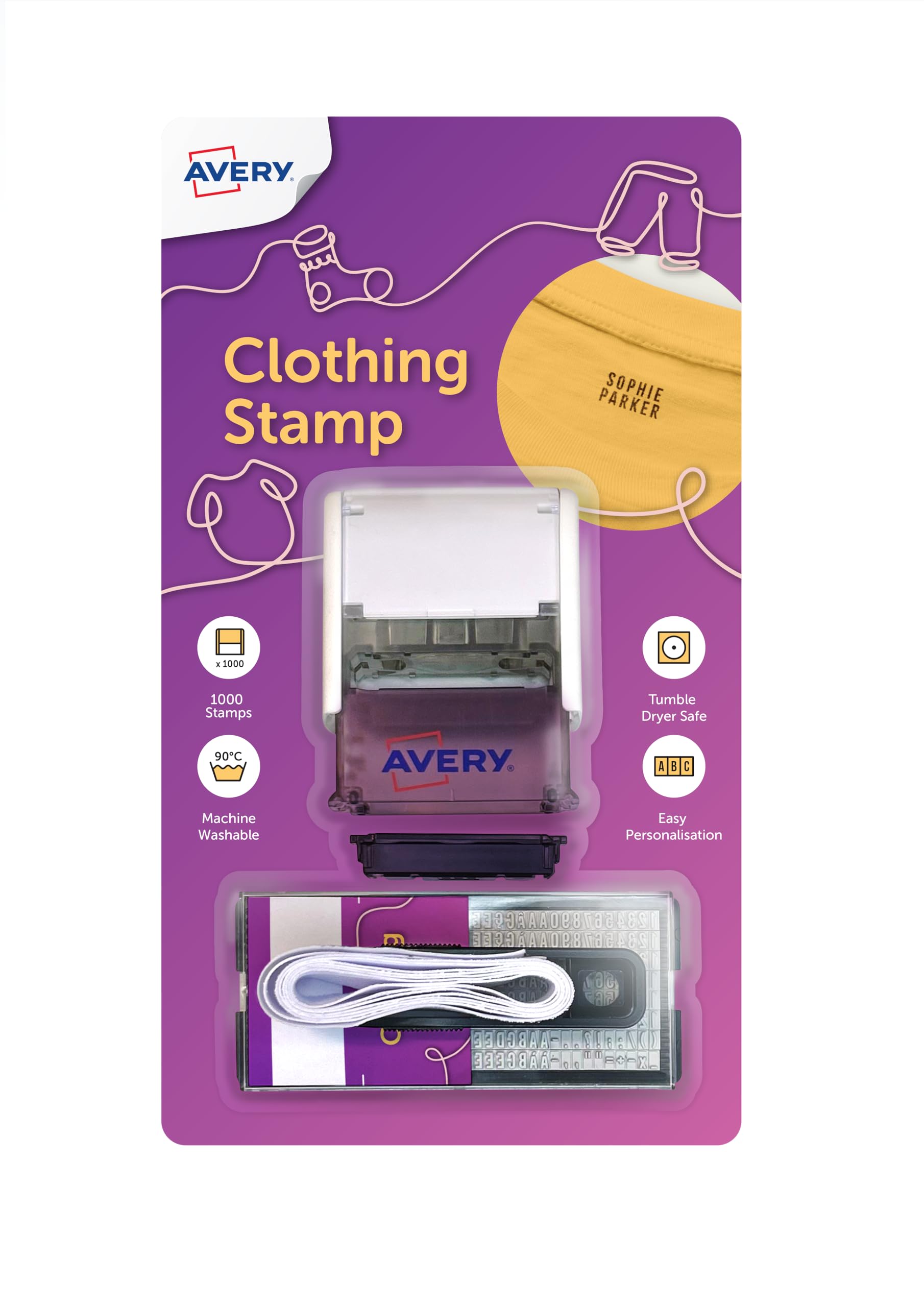 Avery Clothing Name Stamp – Customisable Clothing Stamp for Kids, School Uniforms & Nursery Clothes, Long-Lasting Ink for 1000+ Washable Markings, Works on Light & Dark Fabrics (CSTAMP)