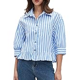 EZAPINE Womens Button Down Striped Shirts Peplum Ruffle Hem 3/4 Sleeve Casual Loose Babydoll Blouse Tops with Pocket