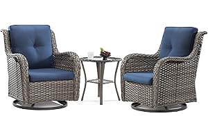 MeetLeisure Outdoor Swivel Rocker Wicker Chairs Set of 3, High Back Swivel Patio Chairs Wicker Furniture Set, 2PCS Rattan Swivel Rocking Chair with Side Table(Mixed Grey/Blue)