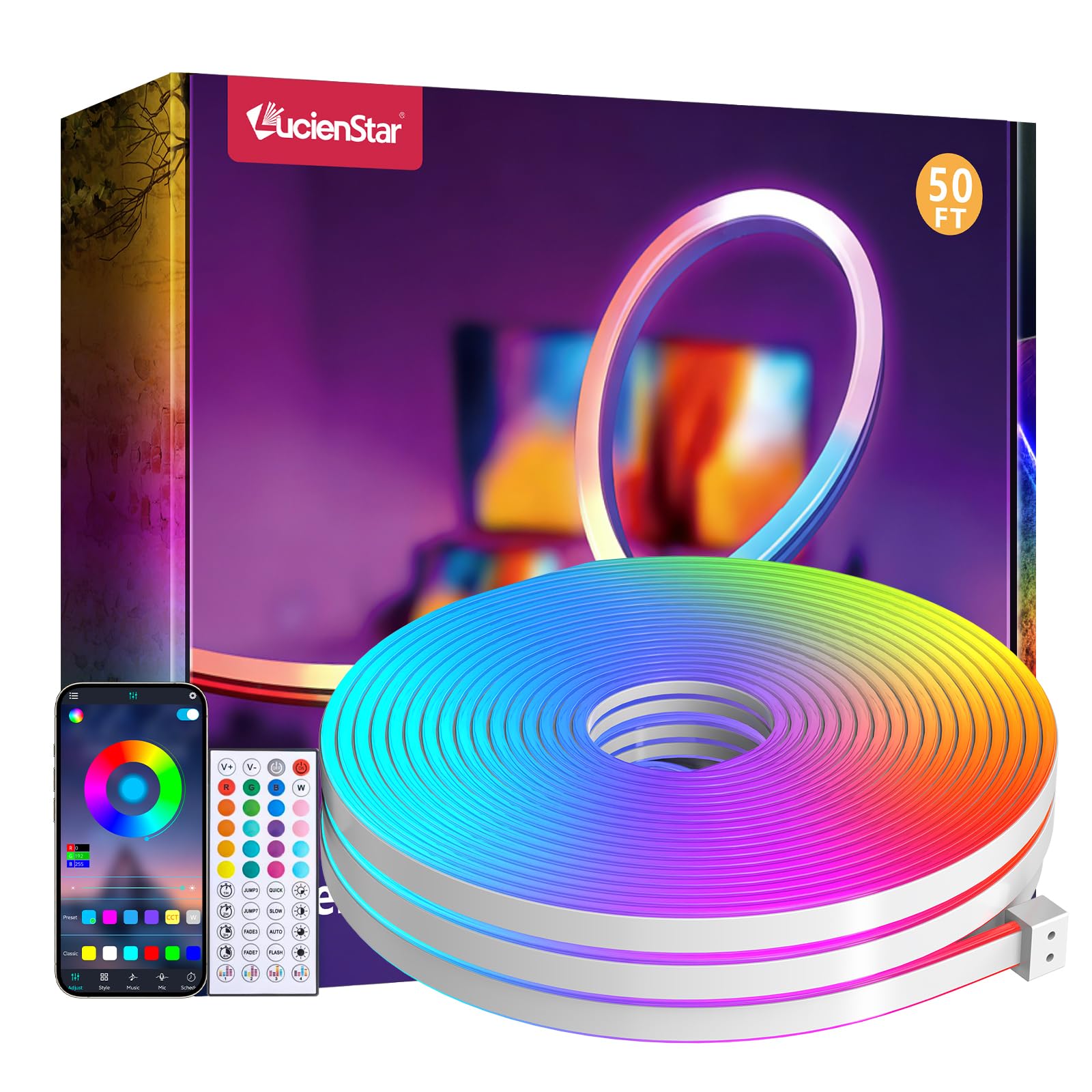 Lucienstar 15M 24V RGB Neon Rope Light, IP67 Waterproof Flexible LED Neon Lights Strip with Remote & APP Control, Music Sync for Bedroom DIY Garden, Party Decor [Energy Class F]