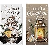 Croar Hello Winter Brown Gnome Kitchen Dish Towel, Warm Cozy Lantern Chickadee Drying Hand Towel Baking Cooking Cloth, Christmas Seasonal Snowflake Home Decoration 18 x 26 Inches