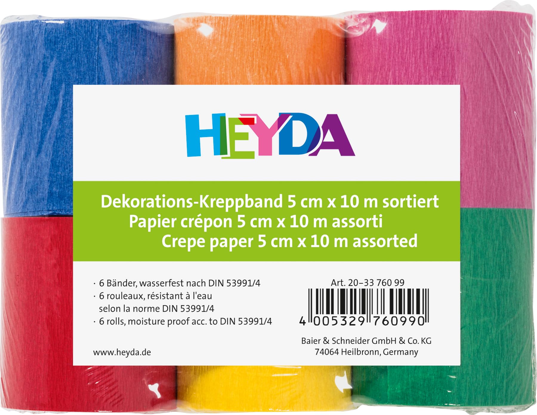 Heyda 203376099 Crepe Paper 5 cm x 10 m Assorted Colours 32 g/m2 Pack of 6 Rolls