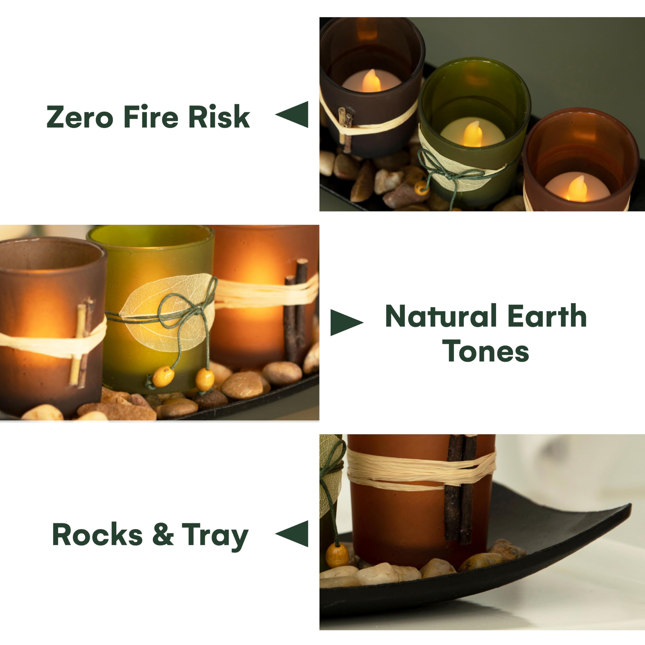 Dawhud Direct Decorative Votive Candle Holders, Vintage Decor Flameless Candlescape Set, 3 LED Tea Light Candles, Rocks and Tray - Fall Table Decor (Earth Tones)