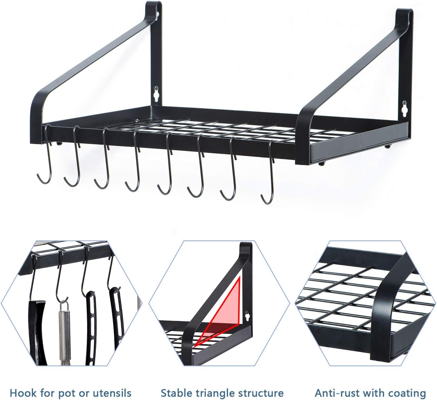 Love-KANKEI Pot Rack Wall Mounted Set of 2 Pan Pot Organizer Wall Shelves with 16 Hooks for Kitchen Cookware Utensils Organization Black: Home & Kitchen