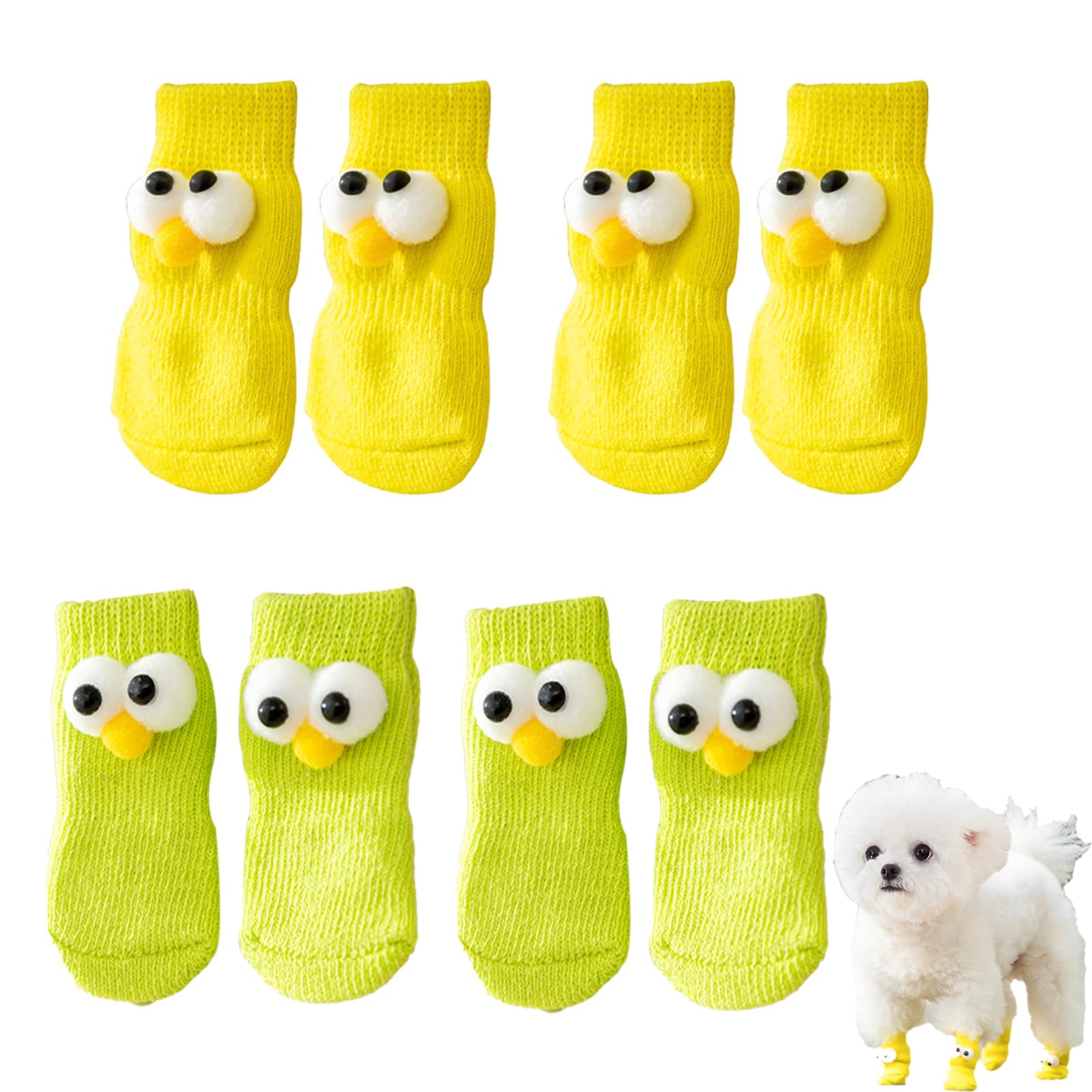 KASESSS 8 Pieces Anti Slip Dog Socks, Dog Socks Paws Stop Licking, Cute Socks for Dogs, Knitted Pet Socks, Dog Socks with Grips, Cartoon Dog Sock, Dog Gripper Socks for Hardwood Floors, Yellow+Green