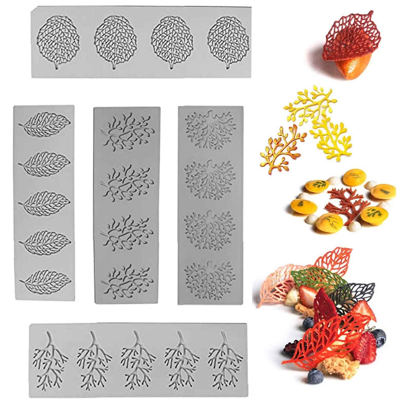 5pcs Leaves Shape Silicone Leaf Molds Hollow 3D Leaf Candle Lace Cake Embossing Mat Flexible Leaf Molds for Fondant, Sugar Paste, Chocolate, Butter, Soap (Grey)