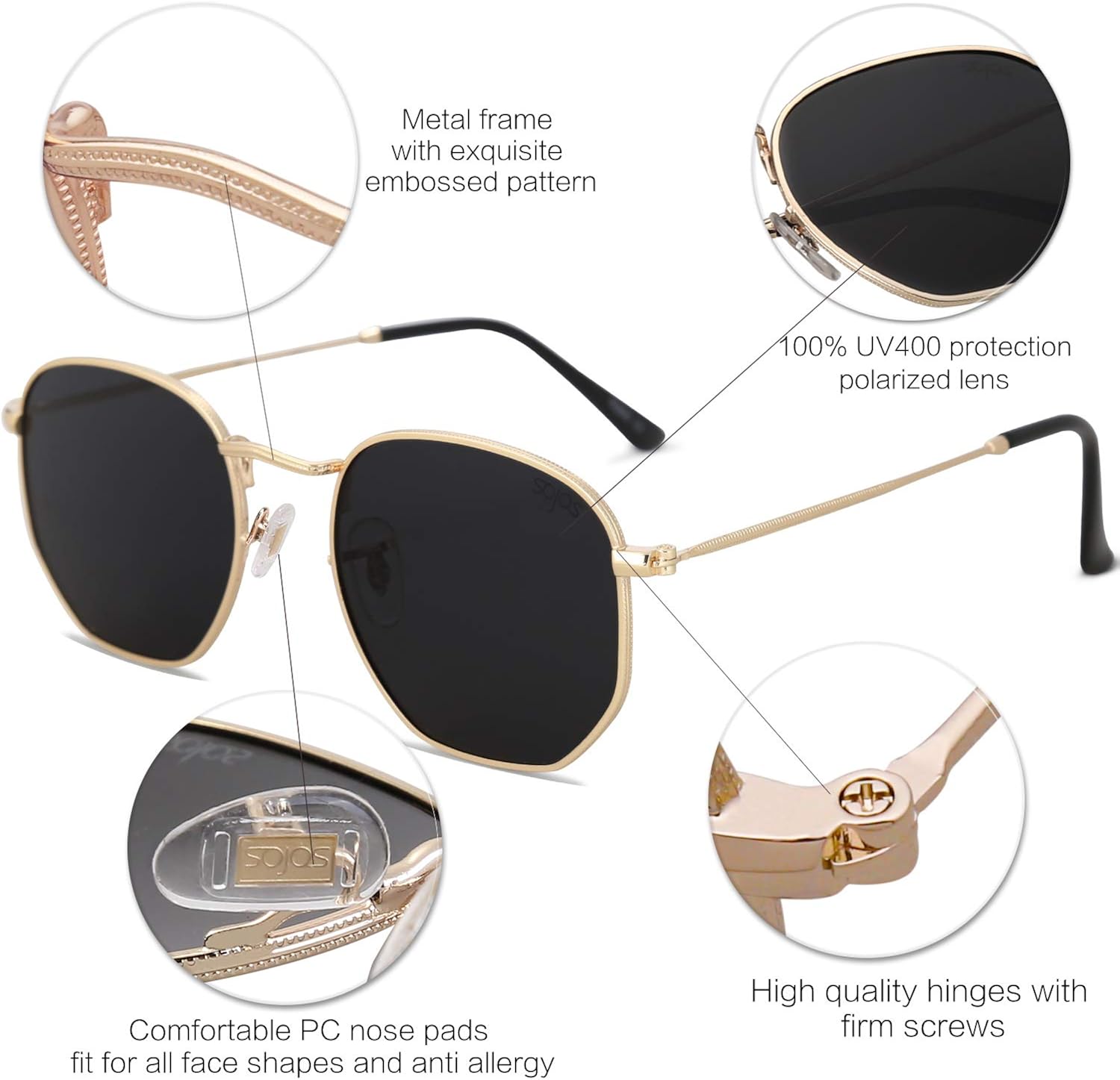 SOJOS Small Square Polarized Sunglasses for Men and Women Polygon Mirrored Lens SJ1072 with Gold Frame/Grey Lens: Clothing