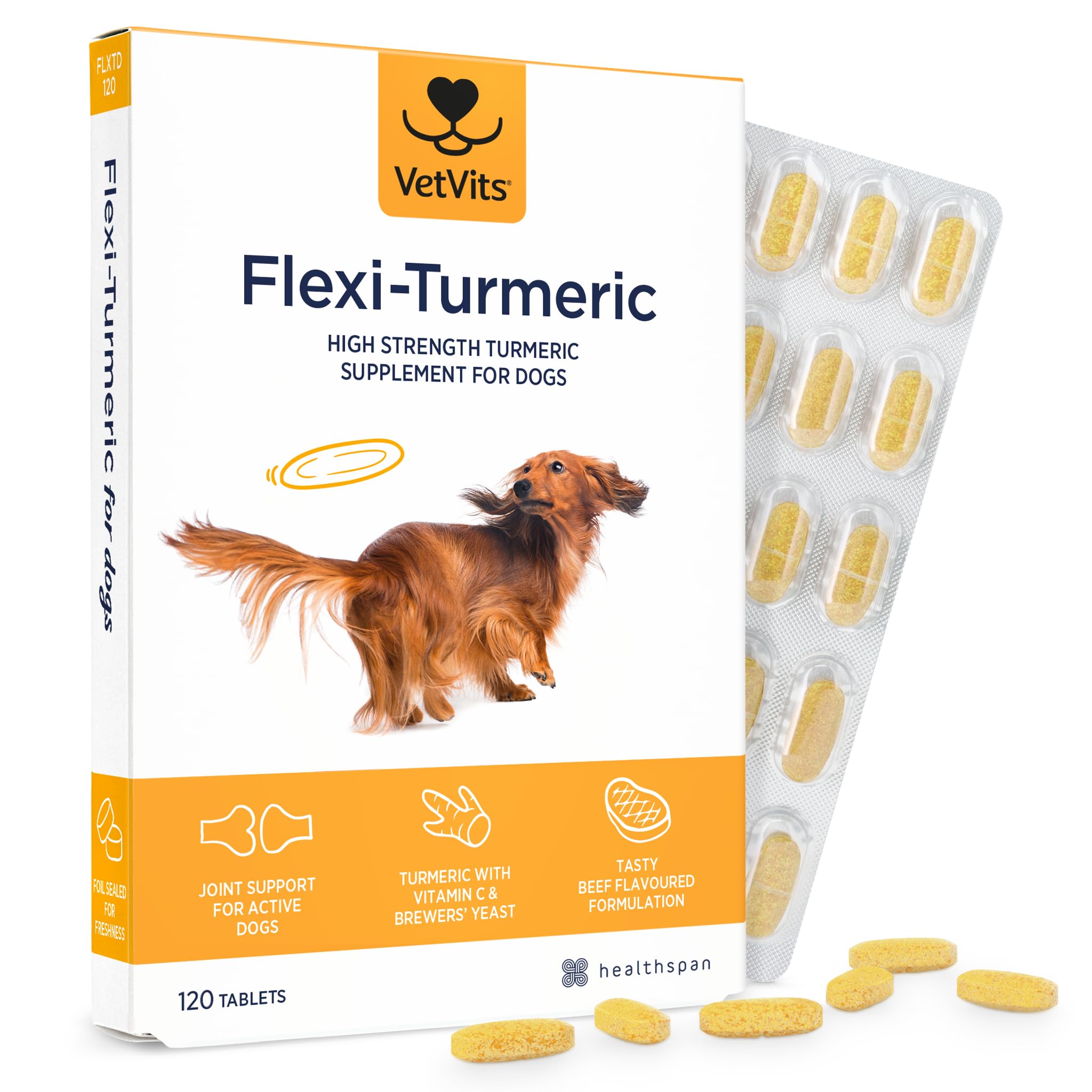 Vetvits by Healthspan Flexi-Turmeric For Dogs (120 Tablets) | Joint Support for Active Dogs | Vitamin C & Brewers’ Yeast | 400mg High-Grade Turmeric | Easy to Crumble on Food | Pet Health
