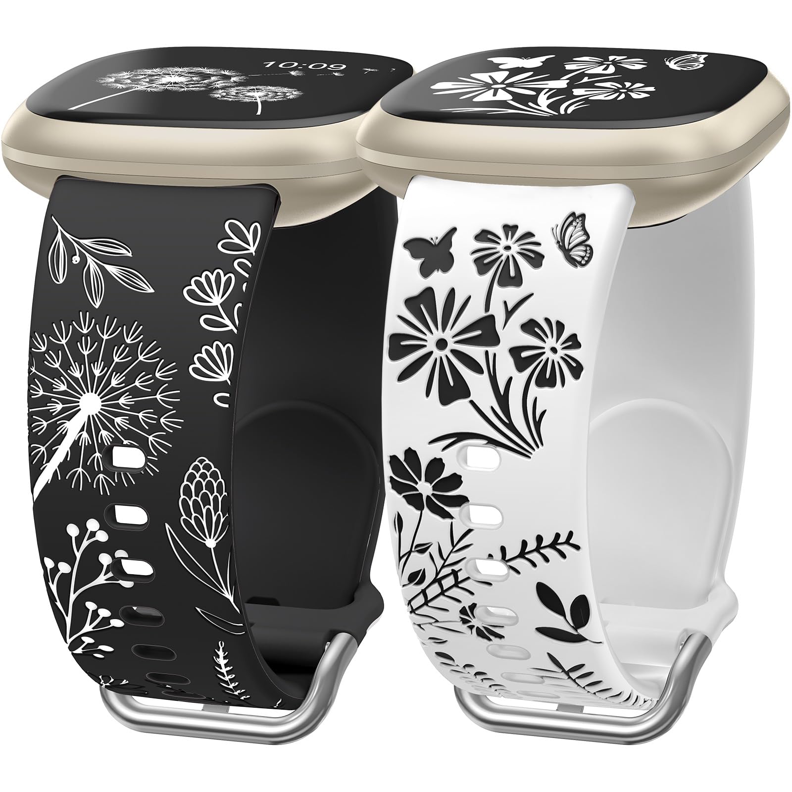 Wearlizer 2 Pack Floral Engraved Strap Compatible with Fitbit Versa 3 Straps/Versa 4 Straps/Sense 2/Sense Bands Women, Cute Two-Tone Flower Soft Silicone Sport Bracelet Black/White White/Black