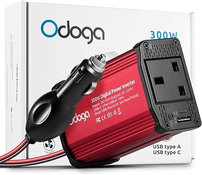 Odoga 300W Car Inverter 12V to 240V USB A C Fast Charge Aluminum Red