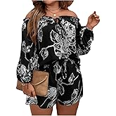 Floerns Women's Plus Size 2 Piece Boho Floral Off Shoulder Frill Trim Drawstring Front Top & Shorts