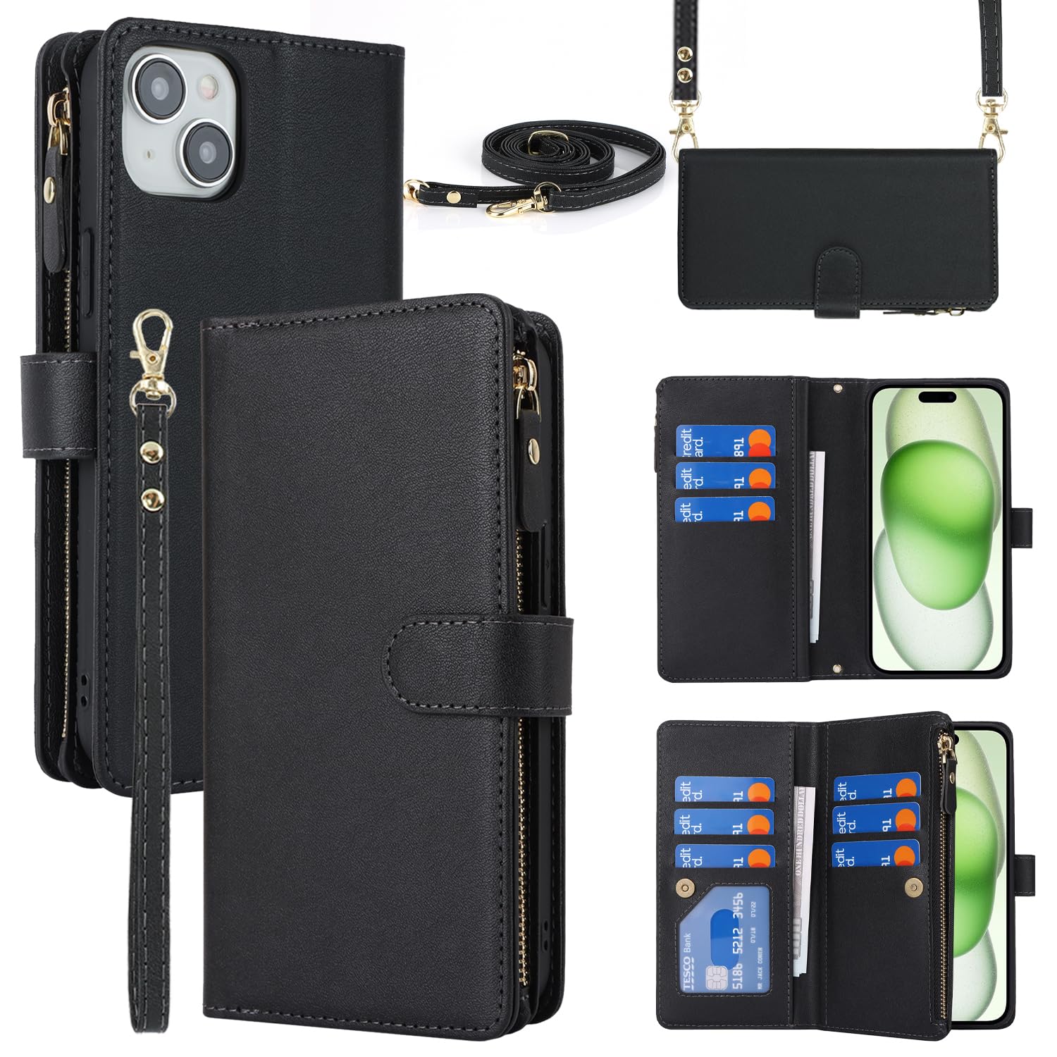 Cavor Compatible with iPhone 15 Plus Case With Card Holder With Strap,Flip Leather Crossbody Wallet Case,[9 Card Holders][Magnetic][Lanyard],Cover Phone Case for women - Black