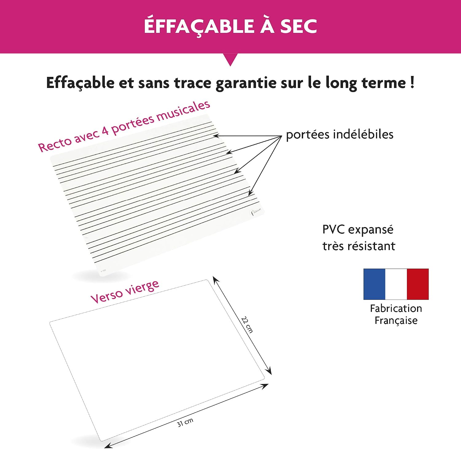 Fuzeau, Dry Erase Musical White Slate 22 x 31 cm, 4 staves on both sides and back blank, Sturdy and Reusable Stand - Image 4