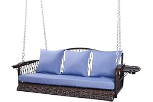 ZZW Wicker Porch Swing Heavy Duty 900 LBS 3-Seat Outdoor Patio Swing Chair with Cushions & 8.9ft Chains Outdoor Hanging Bench with Upgraded Cup Holders for Garden Deck Backyard