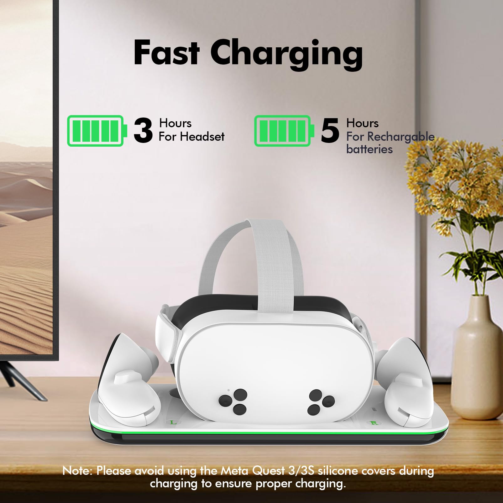 Charging Dock Compatible with Meta Oculus Quest 3/3S, VR Headset Controller Accessories, Charging Station with Closable LED Indicator, Magnetic Charging, Fast Charging, 2 Rechargeable 1850mA Batteries