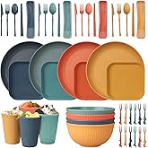 48 Pcs Dinnerware Sets, Unbreakable Plates and Bowls Sets, Reusable Dinnerware Sets for 4 People, Travel Camping Picnic Home Party Cutlery Set, Dishwasher Microwave Safe Dishes