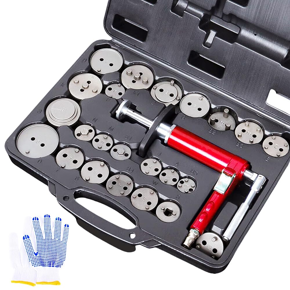 Photo 1 of GMKD Pneumatic Brake Caliper Compression Tool, 24 Piece Air Operated Disc Brake Piston Wind Back Rewind Tool Set for Auto Brake Repair (Red)
