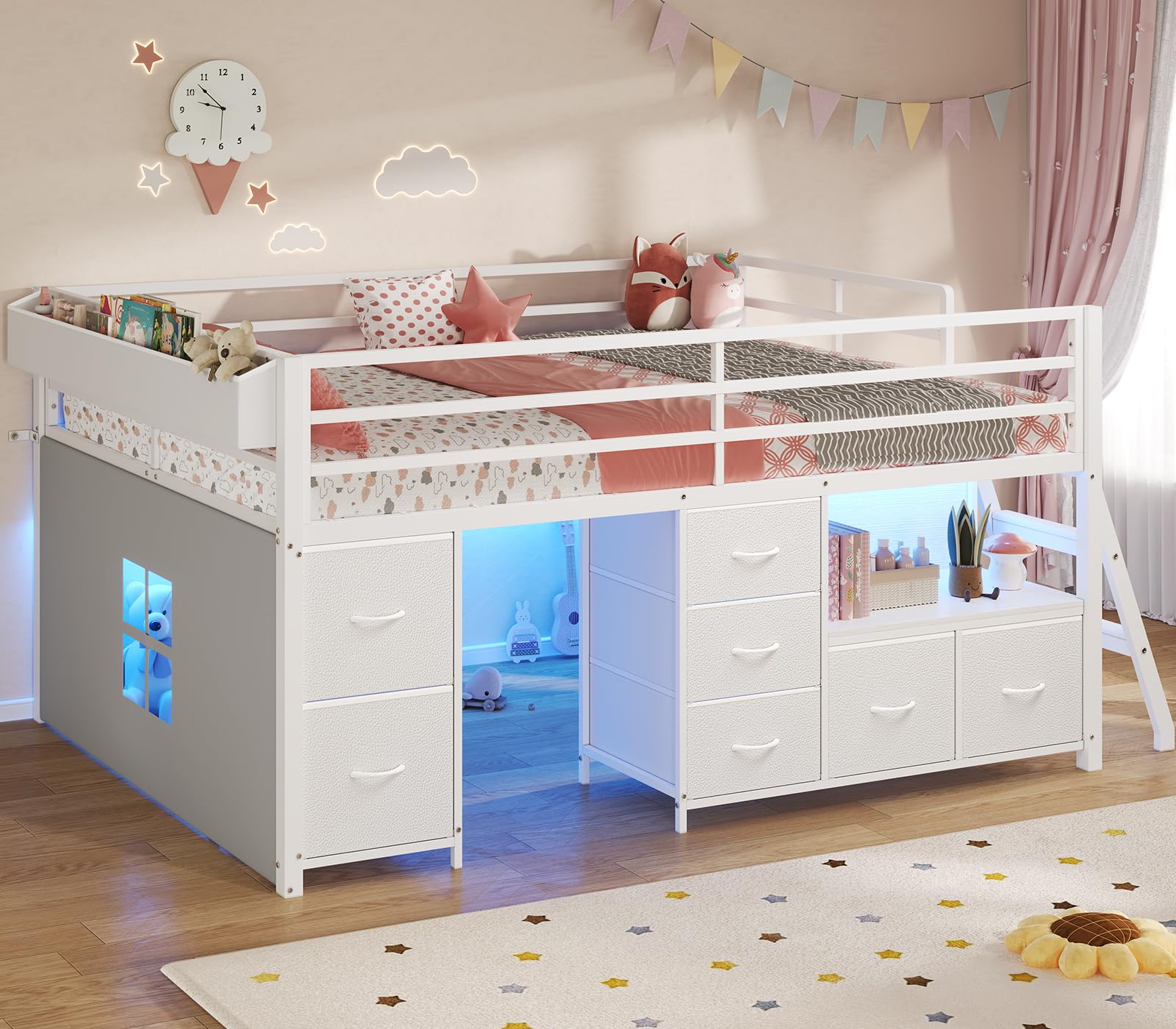 ADORNEVE Low Loft Bed Full Size with 7 Storage Drawers, Bookcase and LED Lights, Metal Kids Loft Bed with 14" H Safety Guardrail,Inclined Ladder and Play Curtain, Under-Bed Play Space, White