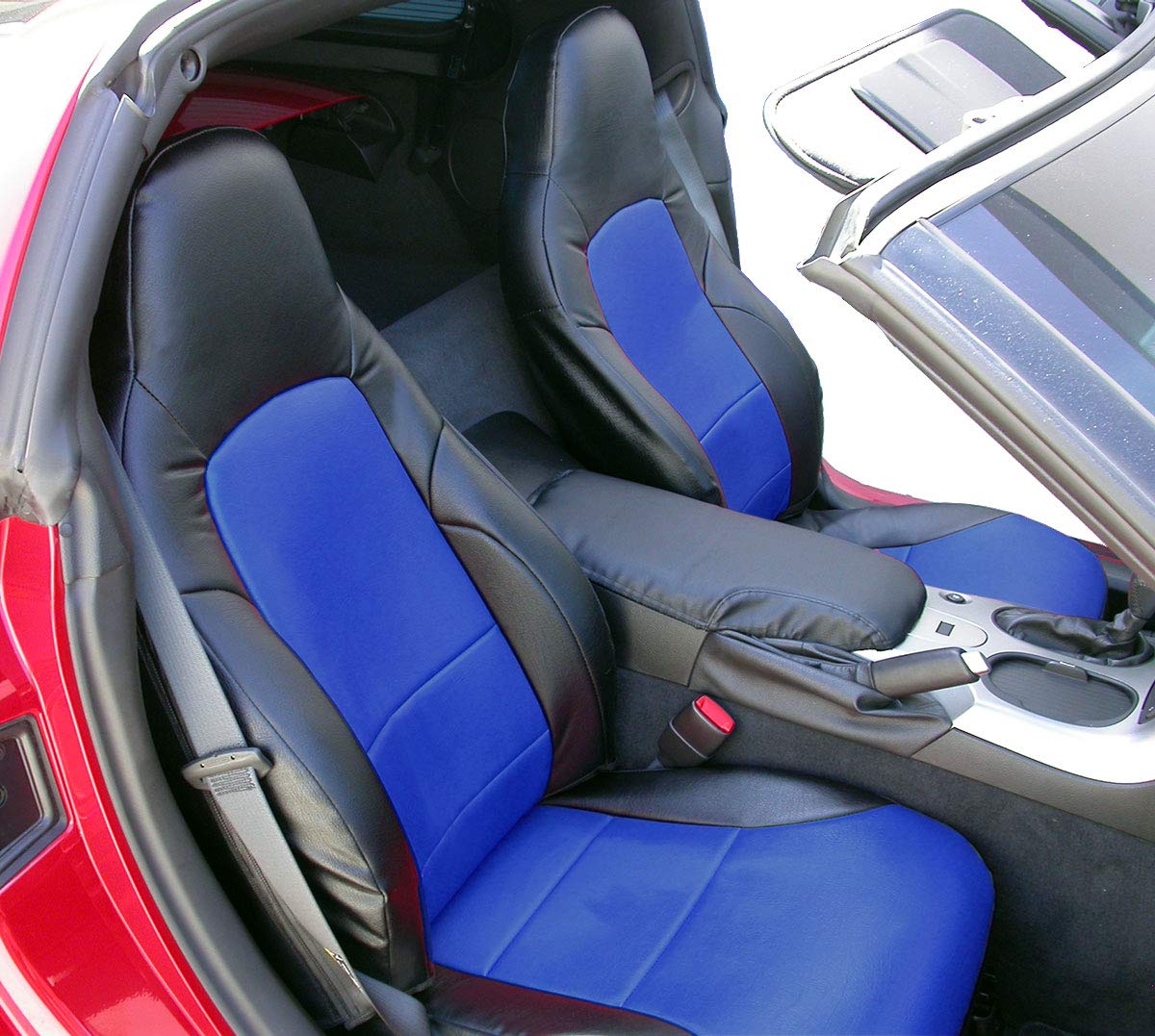 Iggee 2005-2013 Chevy Corvette C6 Artificial Leather Custom Made Original fit Front Seat Covers (Black/Blue)