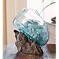 Hand Blown Molten Glass & Teak Wood Terrarium/Vase/Fish Bowl - Premium Quality (7" - 9" High)