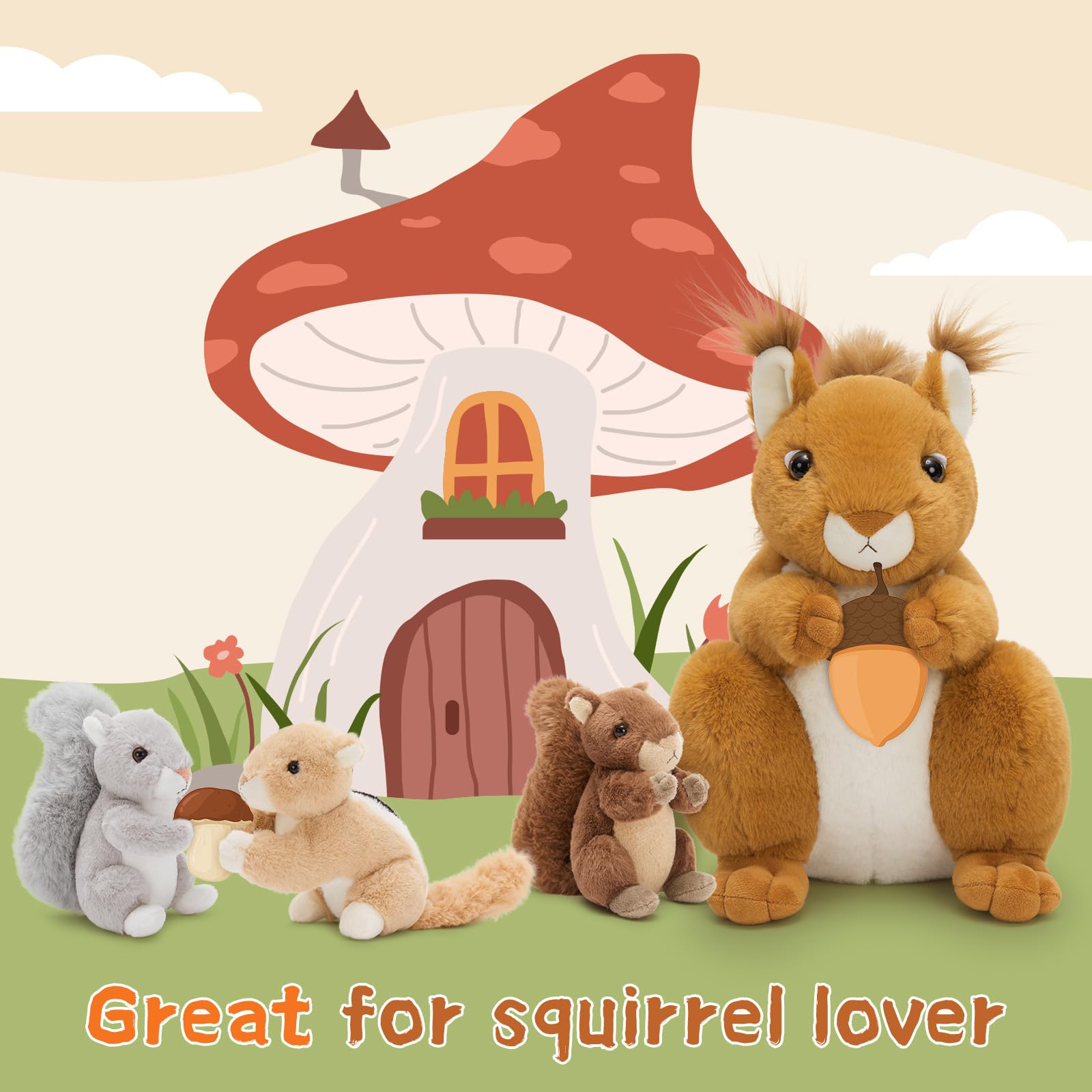 MorisMos 4 stücke Eichhörnchen Kuscheltier XXL Set, 35cm hoch riesen eichhörnchen Kuscheltier mit Babys im Bauch, Groß Squirrel Plüschtier Stofftier Geschenk Kinder 4