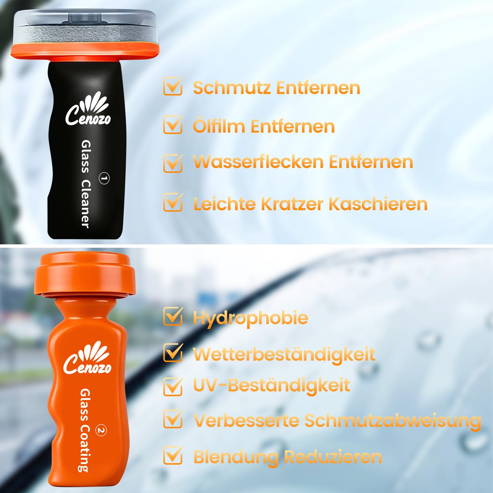 2 in 1 Scheibenreiniger & Scheibenversiegelung Auto Kit,Glasreiniger Auto Entfernung von Fett und Schmutz auf Glas-Quick Effect Coating Agent Regenabweise Scheibenversiegelung mit Abperleffekt 2