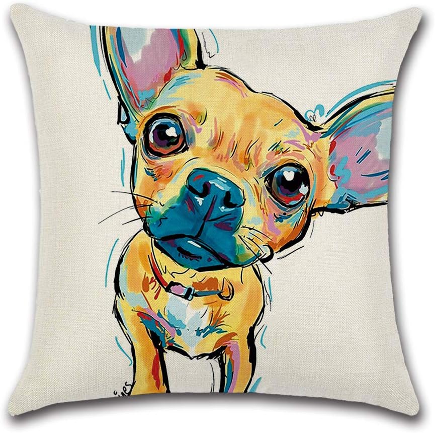 HOMANGA Chihuahua Dog Throw Pillow Covers, 18"x18" Cute Dog Painting Pattern Pillowcases, Cotton Linen Cushion Cover for Car Sofa Home Decor, Gift for Dogs