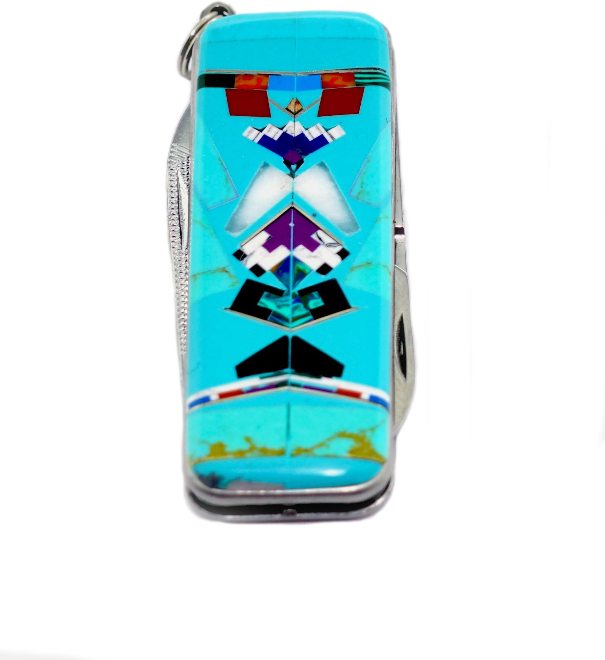 Custom Made Turquoise/Coral Inlay Money Clip with Folding Knife