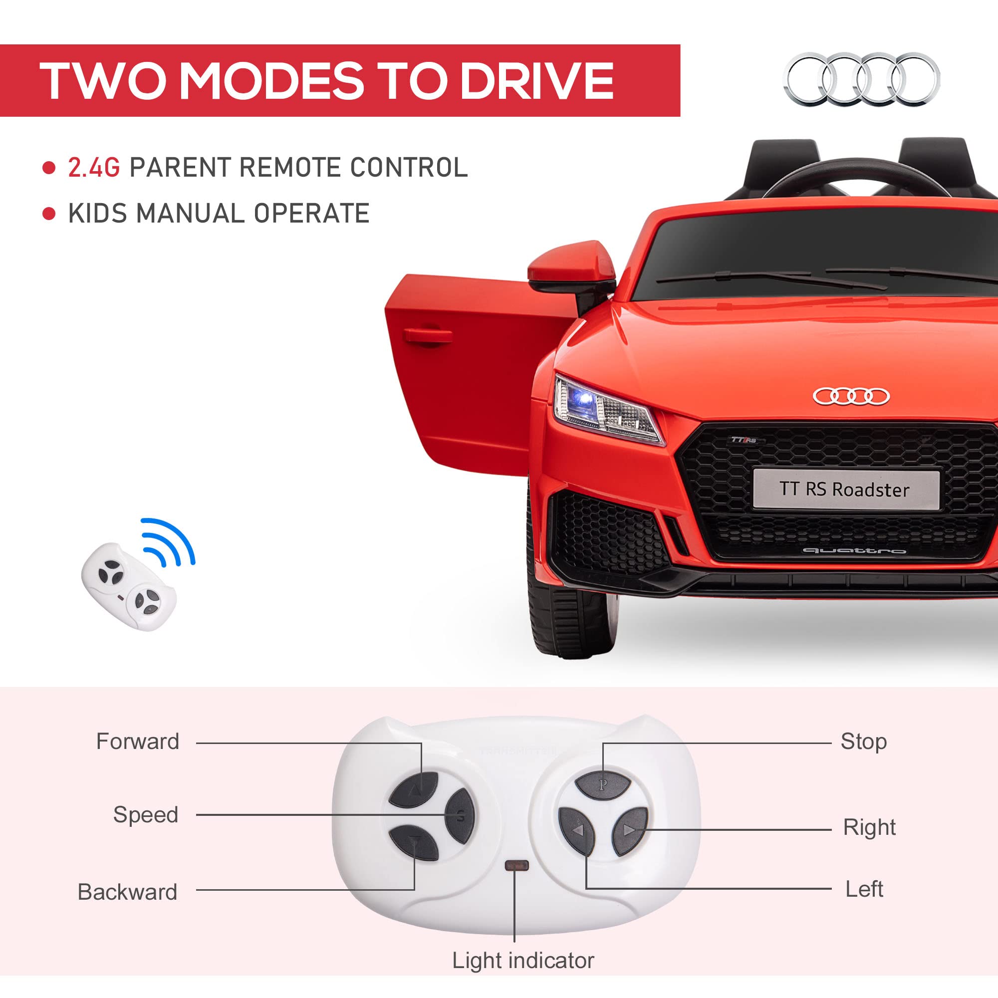 Aosom 6V Kids Electric Ride On Car, Licensed Audi TT RS with Suspension System and Remote Control, Horn, 5 Songs, Lights, MP3 Player, Red