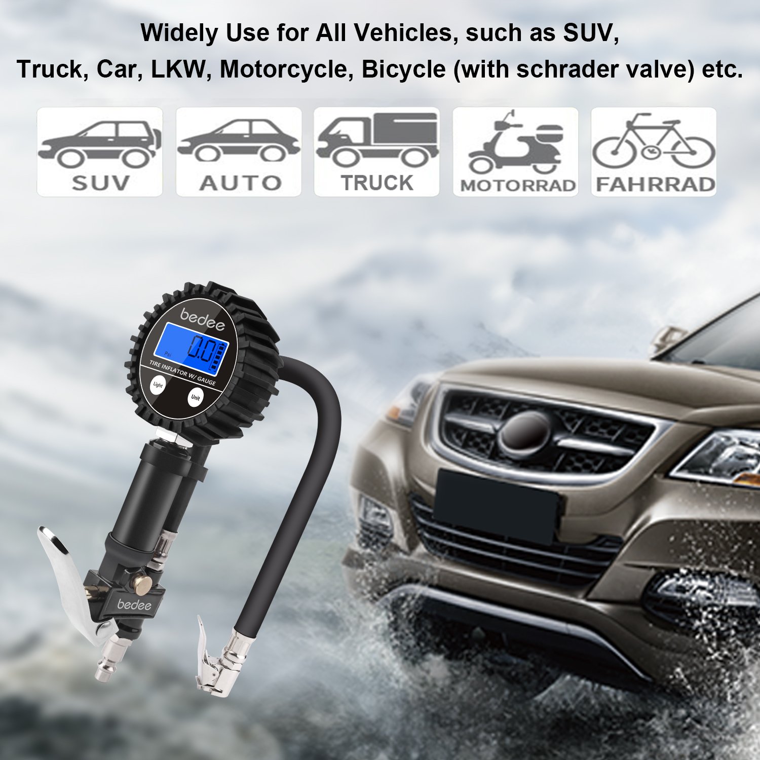 bedee Tyre Inflator, Tyre Pressure Gauge Tyre Pump with LED Light Blow Gun Pressure Gauge Electric Portable Air pump Tyre Inflator/Deflator 200 PSI High-Precision for Car Truck Van Motorcycle