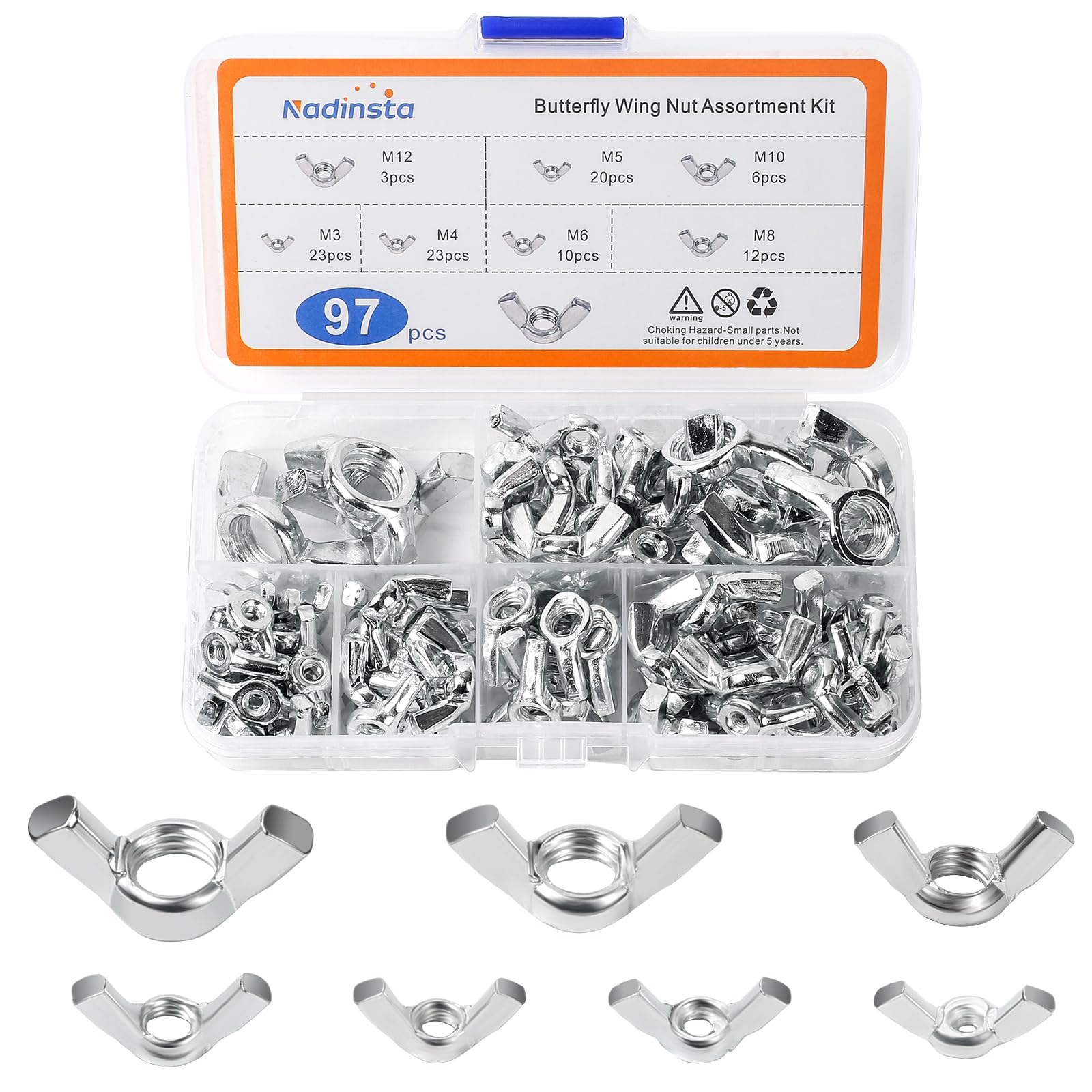 Nadinsta 97pcs Metric Butterfly Wing Nuts Assorted, Wing Nuts Assortment Kit M3/M4/M5/M6/M8/M10/M12, Hand Twist Tighten Nut for Machinery Electronic Equipment