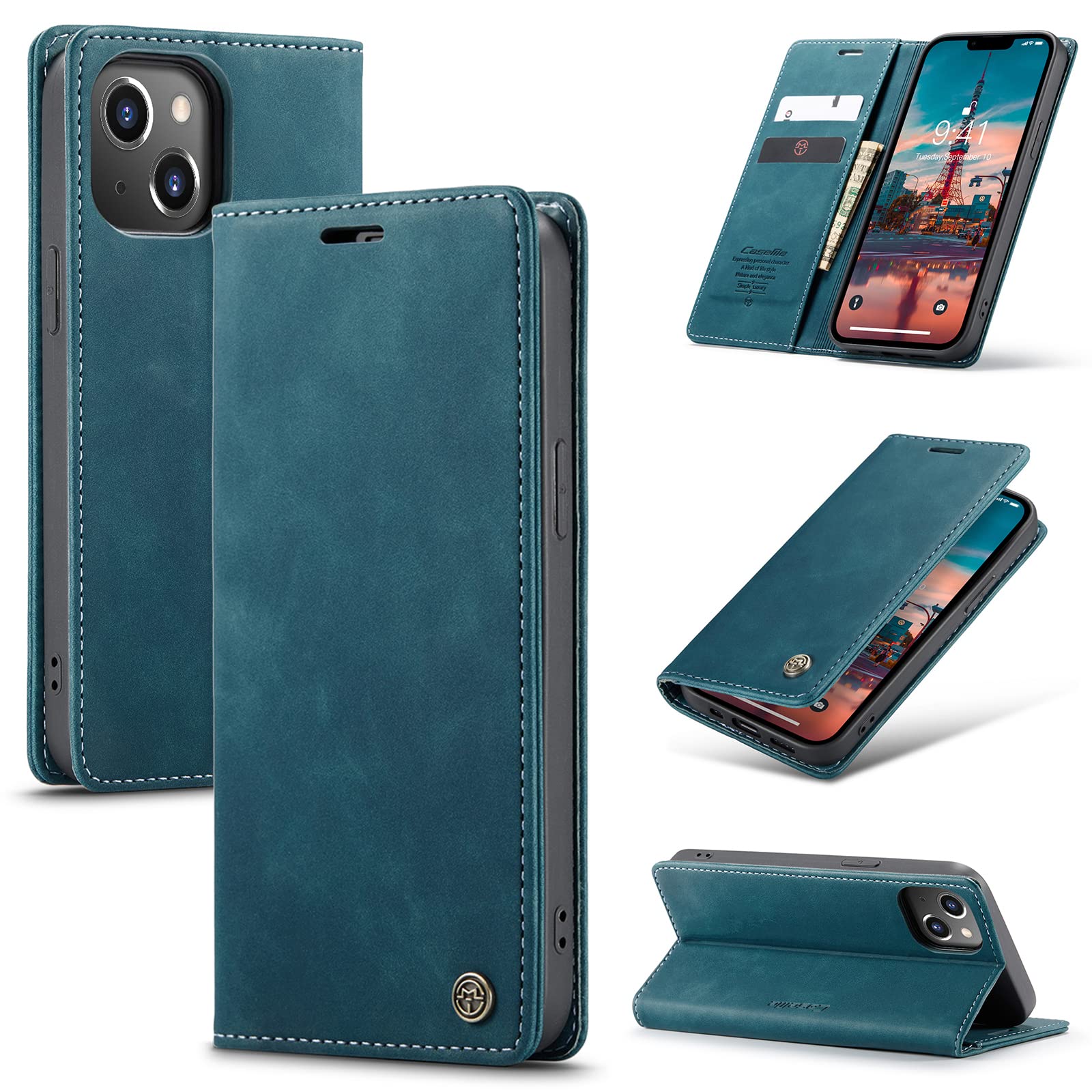 UFinetech Case for iPhone 14, Shockproof Anti-scratch Cover Compatible with iPhone 14 (6.1”), Leather TPU Slim Soft Flip Folio Magnetic Closure Kickstand Card Holder Wallet Camera Protector, Blue