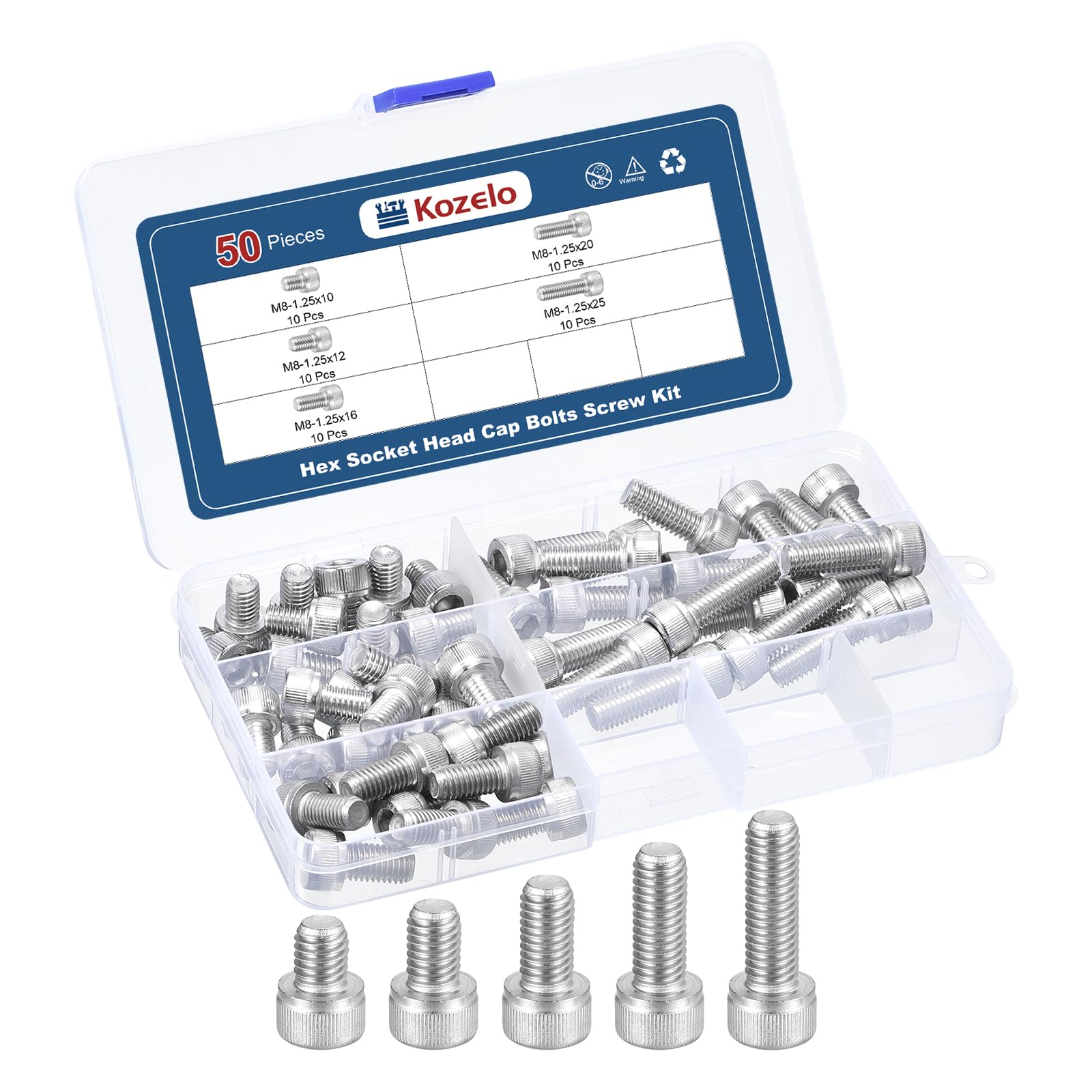 Kozelo 50pcs M8 Socket Head Cap Screws Bolts Nuts Assortment Kit - [M8x10/12/6/20/25mm] 304 Stainless Steel Allen Socket Drive for 3D Printer — image 1