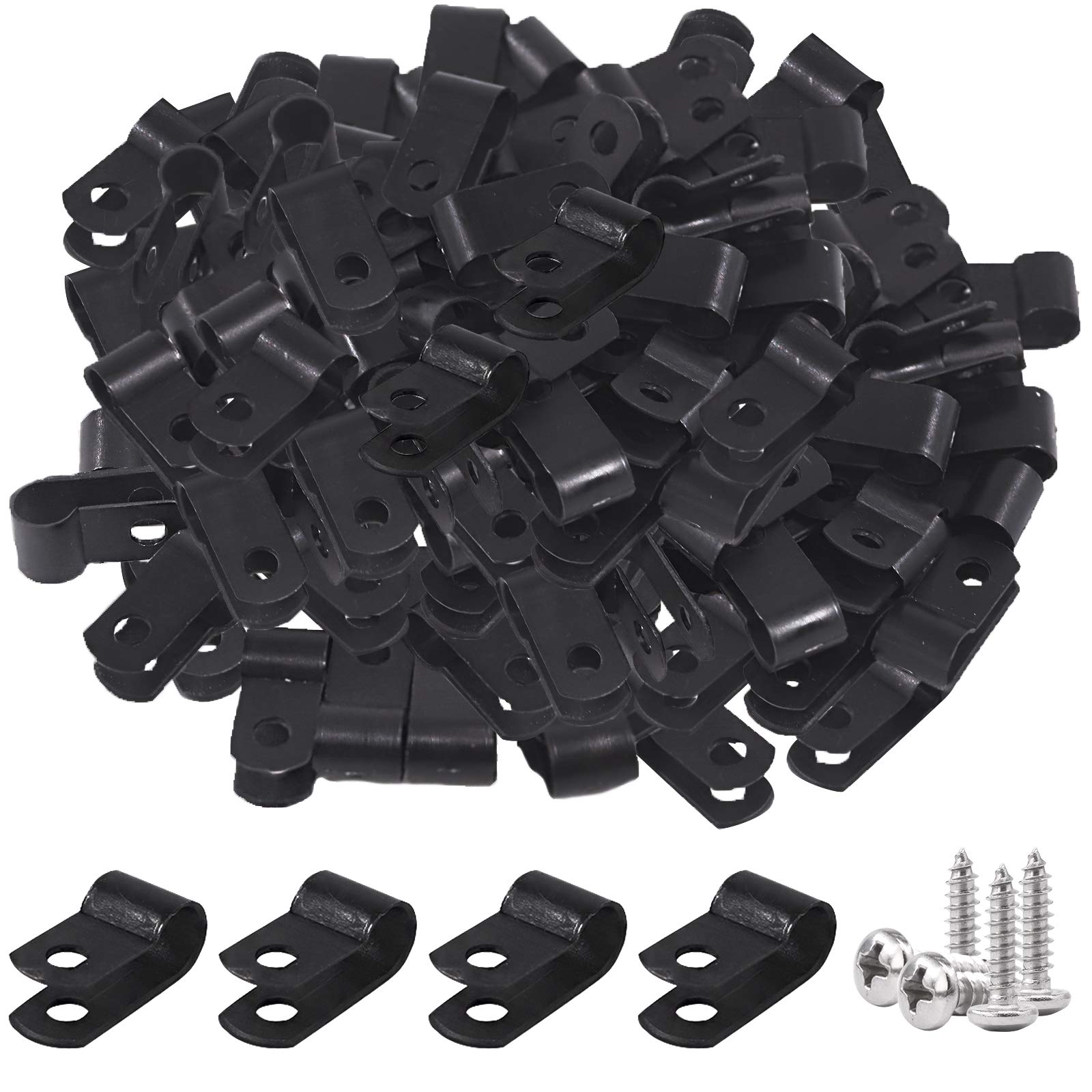 Glarks 60Pcs 1/4 Inch Black Nylon Screw Mounting R-Type Cable Clip Wire Clamp with 60Pcs Screws for Wire, Cable, Conduit and Cable Conduit Kit (Black)