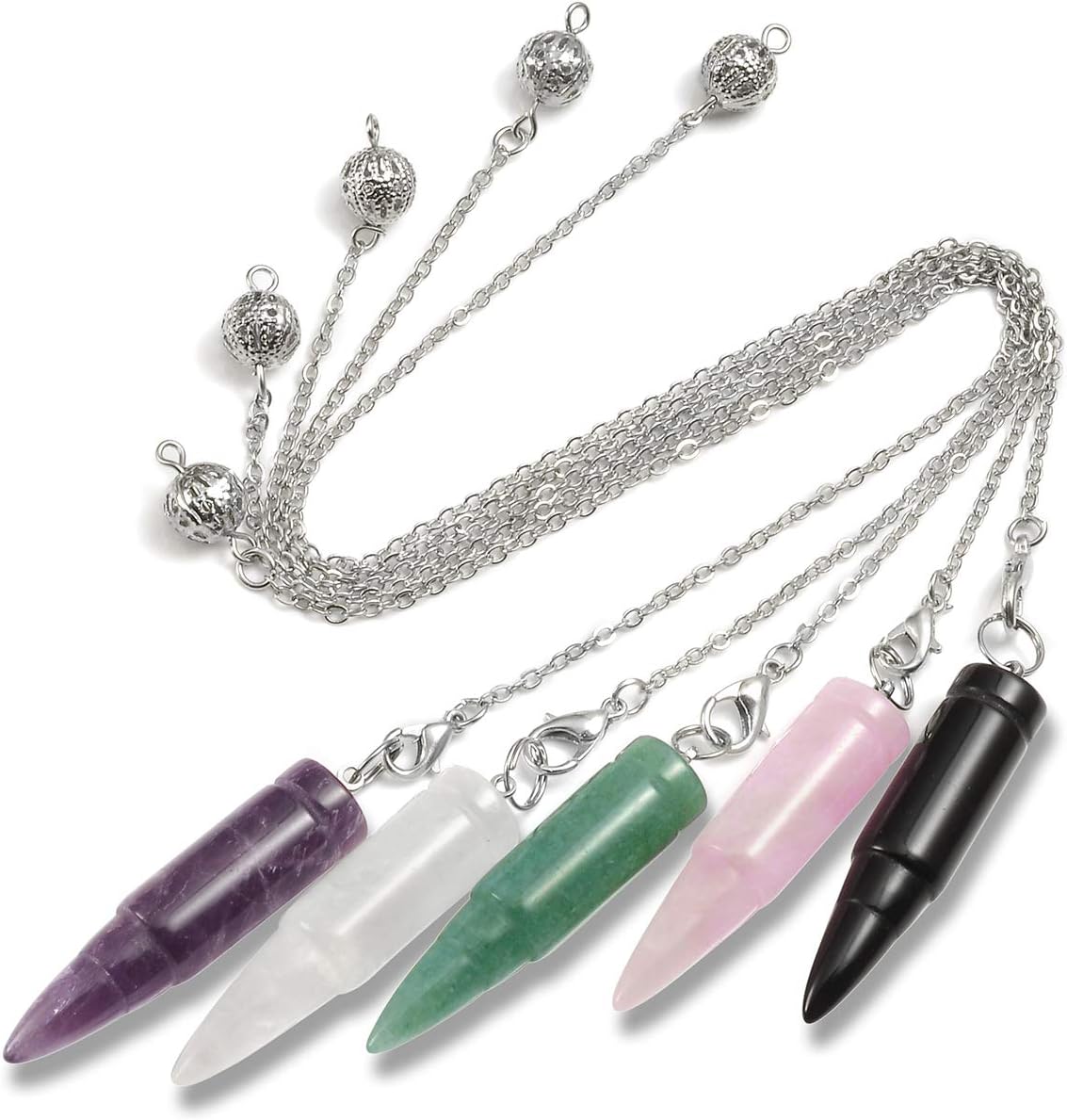 CrystalTears 5pcs Gemstone Crystal Pendulum - Reiki Divination, Dowsing, Scrying, Healing